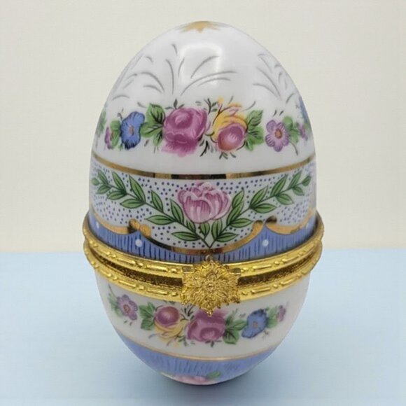 Vintage Egg Porcelain Hinged Trinket Box Floral PHB Hand Painted - Picture 1 of 11